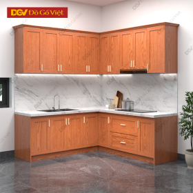 Tủ Bếp Chữ L Gỗ Veneer Sồi Màu Nâu Nhỏ Gọn Bền Đẹp