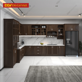 Tủ Bếp Chữ L Màu Óc Chó Kèm Hệ Tủ Rượu Và Tủ Lạnh Đẹp