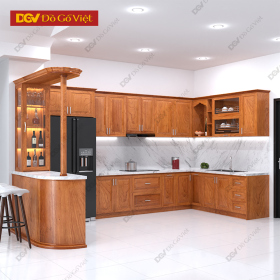 Tủ Bếp Chữ U Gỗ Veneer Gõ Đỏ Có Bàn Đảo Hiện Đại