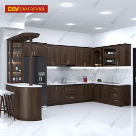 Tủ Bếp Chữ U Gỗ Tự Nhiên Màu Óc Chó Kèm Bàn Đảo Tiện Ích