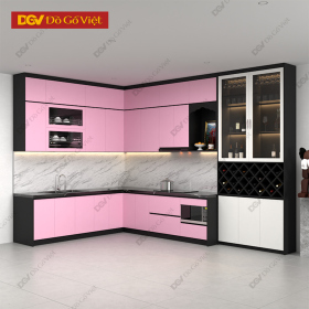 Tủ Bếp MDF Màu Đen Hồng Chữ L Có Tủ Rượu Đẹp Mới 2025