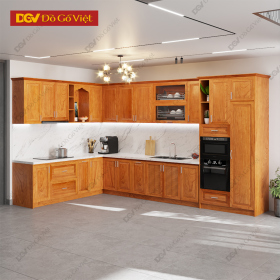 Tủ Bếp Hiện Đại Vân Gõ Đỏ Đẹp Góc L Nhiều Ngăn Tiện Ích