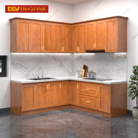 Tủ Bếp Góc L Vân Gõ Đỏ Mặt Khung Tranh Nhiều Ngăn Rẻ Đẹp