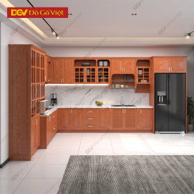 Tủ Bếp Gỗ Veneer Sồi Đẹp Góc L Đa Hộc Kệ Siêu Tiện Nghi