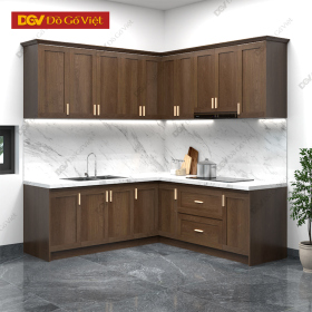 Tủ Bếp Góc L Vân Sồi Mặt Khung Tranh Nhiều Ngăn Lưu Trữ