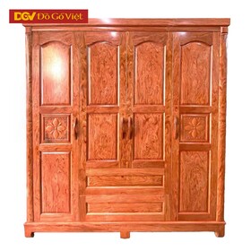 Tủ Để Quần Áo Gỗ Veneer Hương Đá Pano Cong Chạm Hoa 4 Cánh