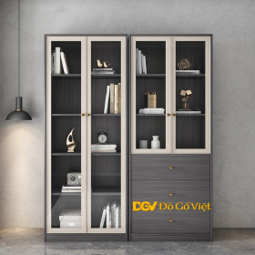Tủ Đựng Sách 3 Tầng 3 Ngăn Kéo Có Kính Hiện Đại Gỗ MDF Màu Xám