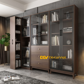 Tủ Đựng Sách Kéo Góc Có Cửa Kính Hiện Đại Màu Óc Chó Đẹp Rẻ