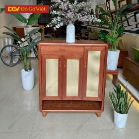 Tủ Giày Dép Gỗ Xoan 3 Cánh Đan Mây Phong Cách Mộc Mạc