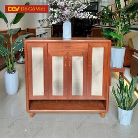 Tủ Giày Dép 4 Cánh Gỗ Xoan Đào Tự Nhiên Kết Hợp Đan Mây