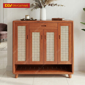 Tủ Giày Dép 4 Cánh Gỗ Xoan Đào Tự Nhiên Kết Hợp Đan Mây