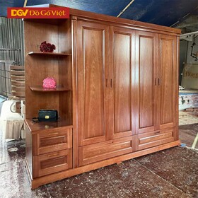 Tủ Quần Áo 4 Cánh Có Kệ Và Ngăn Kéo Gỗ Veneer Xoan Đào Đẹp