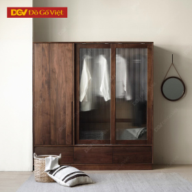 Tủ Quần Áo Gỗ Óc Chó 3 Cánh Phối Kính Gân Mờ Hiện Đại