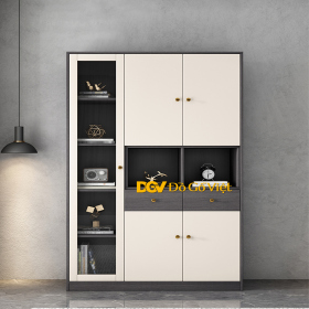 Tủ Sách Có Kệ Kính Bên Hông Kiểu Bắc Âu Gỗ MDF Màu Xám Kem Đẹp