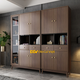 Tủ Sách Gỗ MDF Nhiều Cửa Cánh Và Có Kính Màu Óc Chó Đẹp