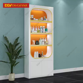 Tủ Trưng Bày Gỗ Kính Màu Trắng 4 Tầng Viền Vàng Bo Góc Đẹp