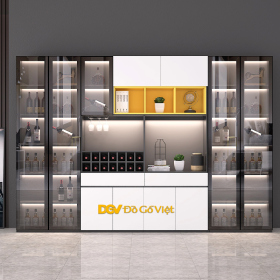 Tủ Trưng Rượu Đẹp Khung Gỗ Cánh Kính Đèn Led